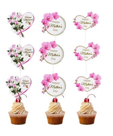 9PCS Happy Mother's Day Cake Toppers Heart Flower Cake Picks Cupcake Topper for Mother's Day 3 Styles Cake Decoration for Birthday Mother's Day Party Favors Style a
