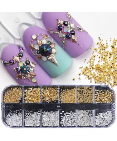 3D Nails Art Metal Charms Gold Nail Micro Caviar Beads Nail Studs for Women Rivet Nail Art Jewels Decoration Pixie Crystal for Nails Rhinestones Kit Professional Manicure Supplies