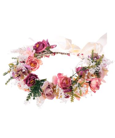 Rose Flower Crown Bridal Floral Headband Hair Wreath Flower Headpiece Halo Boho with Ribbon Wedding Party Festival Photos (3)