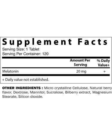 Vitamatic Melatonin 20mg Tablets 120 Count - High Potency, Vegetarian, Non-GMO, Gluten-Free - Natural Berry Flavor - Buy Online on GoSupps.com