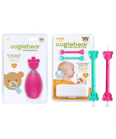 Oogiebear Baby Nasal Aspirator Bulb and 2-in-1 Nose Booger Snot and Ear Wax Gadget Raspberry - Bundle