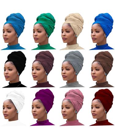 12 Pieces Head Wrap Scarf Stretch Jersey Turban Extra Long Ultra Soft Urban Headwraps for Women Solid Color African Headwear Headband Tie (Set 01) Wine Red  Beige Purple Black  Camel Brown White  Light Blue Gray Green Pi... - Buy Online on GoSupps.com