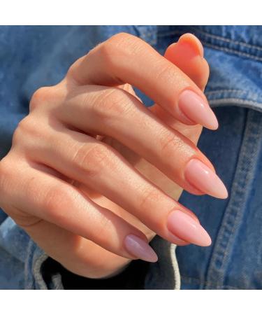 Light Pink Press on Nails Medium Almond,KXAMELIE Pretty Nude Pink Jelly Gel Nails,Glossy Reusable Glue on Nails Natural Nails for Women Girls Daily Wear in 12 Sizes,Salon Looking Manicure Nails almond pink