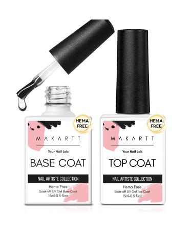 Makartt Hema-Free Gel Top Coat and Base Coat Set No Wipe Shine Finish Soak Off Gel Base Top Coat Long Lasting LED Nail Lamp Gel for Gel Nail Polish Salon Quality Nail Manicure Gifts 2pcs 15ML Clear Hema-Free Gel