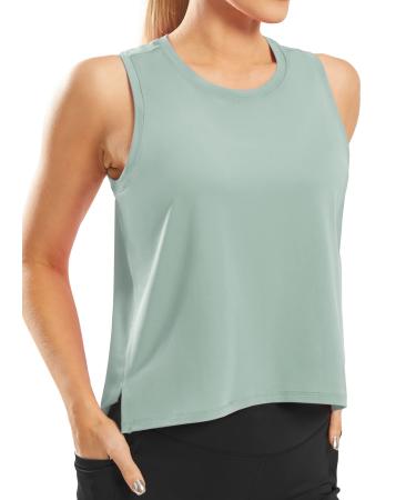 Ice Silk Crop Workout Tank Tops for Women Cool-Dry Sleeveless Loose Fit Yoga Shirts Running Gym Athletic Tops for Women Greyish Green Medium