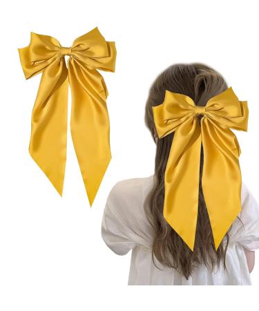 Hair Bow Big Hair Bows for Women Solid Color Bow Hair Clips with Long Ribbon French Barrette Clip Soft Satin Silky Hair Bows Cute Gifts for Women Girls (Yellow)