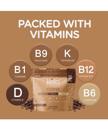 Keto Vitals Instant Keto Coffee Powder - Low-Calorie Sweetened Coffee Packets - 30 Count Variety Pack in Original, Vanilla, & Mocha Flavors - Buy Online on GoSupps.com