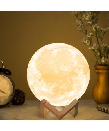 Methun 3D Moon Lamp with 7.1 Inch Wooden Base - LED Night Light Mood Lighting with Touch Control Brightness for Home D cor Bedroom Birthday Gifts for Woman Kids- White & Yellow 7.1 inches