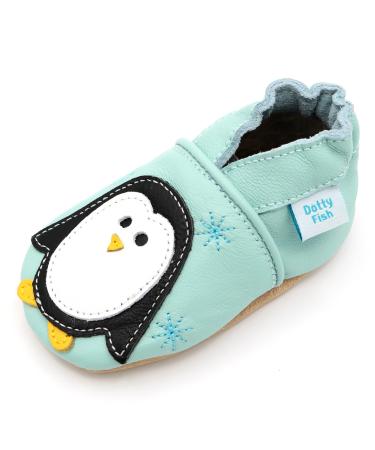 Dotty Fish Soft Leather Baby Shoes for Boys. Toddler Shoes. Non Slip. Animal Designs for Boys and Girls. 0-6 Months - 4-5 Years 6-12 Months Minty Blue Penguin