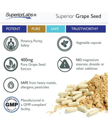 Superior Labs Grape Seed Extract 400mg 120 Vegetable Capsules 95% Polyphenols High Antioxidant Content Healthy Blood Flow Supports Immune System and Brain Health - Buy Online on GoSupps.com