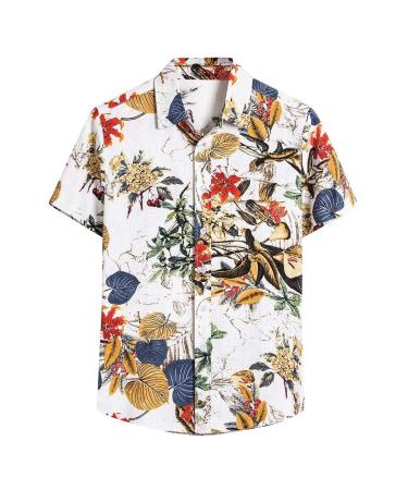 ZSBAYU Men's Casual Shirts Floral Printed Aloha Ethnic Shirts for Men Short Sleeve Botton Down Loose fit Hawaiian Blouse #01 White 4X-Large