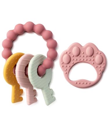 BWkoss 2Pcs Silicone Teething Toys for Babies  Pink Baby Wrist Teething Toys Infants Soft Teether Toys Toddlers Key Paw Design Toys Baby Shower Birthday Valentines Easter Gifts for Baby Boy and Girl