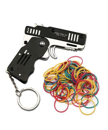 SUNNYHILL Rubber Band Gun Mini Metal Folding 6 Shot with Keychain Interesting Toys for Kids with Rubber Band 100+