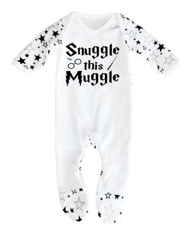 'Snuggle this Muggle' Harry Potter Inspired Baby Boy Girl Sleepsuit Designed and Printed in the UK Using 100% Fine Combed Cotton 0-3 Months White/Black Stars
