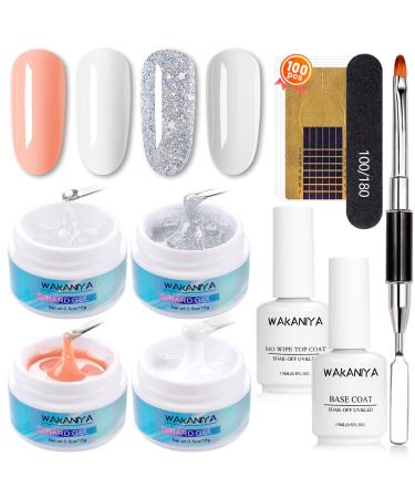 Wakaniya Builder Gel Nail Kit -4 Colors UV Gel Builder for Nail Extension Clear White Glitter Silver Hard Gel Set with Gel Nail Forms Brush for Beginners DIY Nail Art Supplies 4 Colors Builder Gel Kit