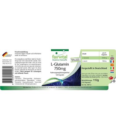 Fairvital L-Glutamine Capsules 750mg | High Dose Vegan Amino Acid | 120 Free Form Capsules - International Shipping - Buy Online on GoSupps.com
