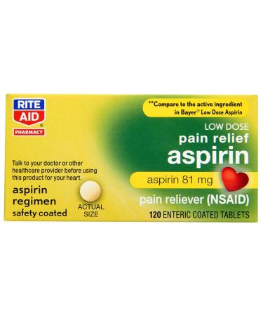 Rite Aid Aspirin Enteric Tablets, 81 mg Aspirin - 120 ct, Low Dose Aspirin | NSAID | Migraine Relief Products | Safety Coated | Enteric Coated Aspirin Regimen | Headache Relief Pills | Pain Relief - Buy Online on GoSupps.com