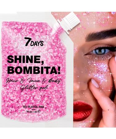 7DAYS Sparkling Shine Bombita Glitter Gel in Playful Pink - Face, Hair & Body | Chunky Sequins for Party, Rave, Festival & Halloween | Quick-Drying, No Glue Holographic Makeup - 90ml - Buy Online on GoSupps.com