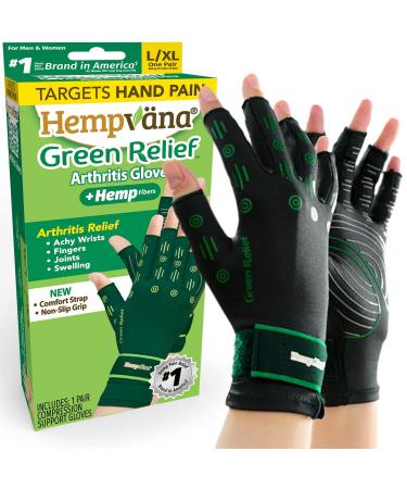Hempvana Green Relief Arthritis Gloves Woven with Hemp Fibers, As Seen On TV, Advanced Compression to Help Relieve Pain & Swelling, Adjustable Wrist Strap for the Ultimate Fit, Non-Slip Grip, L/XL Large/X-Large (1 Pair)