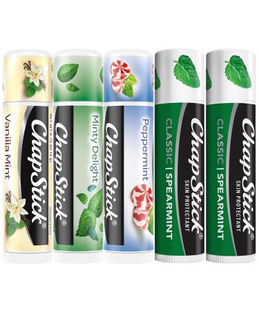 ChapStick Lip Balm Mint Favorites (Vanilla Mint Minty Delight and Peppermint) + 2 Classic Spearmint 0.15 Oz Ea (5 Piece Set)