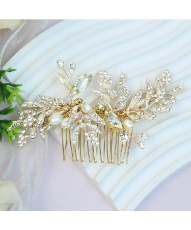 PTORIZNY Wedding Rhinestone Hair Comb Crystal Pearl Bride Hair Combs Gold Side Hair Combs Leaf Headpiece Bridal Hair Accessories for Women and Girls - Buy Online on GoSupps.com