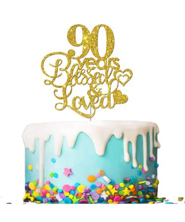 Tenhaisi Gold Glitter 90 Years Blessed & Loved Cake Topper - 90th Birthday / 90th Wedding Anniversary Cake Topper - Hello 90-90th Birthday / 90th Anniversary Party Decoration