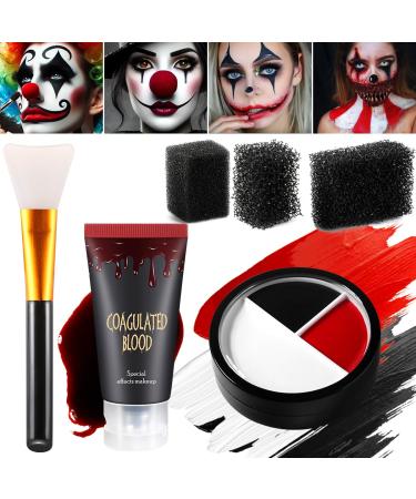 DE'LANCI Halloween Scary Clown Makeup Kit Black White Red Face Body Paint+ Washable Fake Blood+ Sponge+ Brush Skull Vampire Zombie Skeleton Special Effect SFX Makeup Creepy Joker Stage Face Paint 6 kit