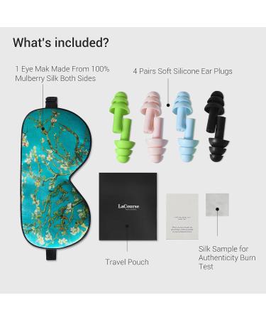 LaCourse 100% Natural Mulberry Silk Sleep Eye Mask for Women - Green Floral | Adjustable 19 Momme Organic Silk | Includes 4 Pairs of EarPlugs and Travel Pouch - Buy Online on GoSupps.com