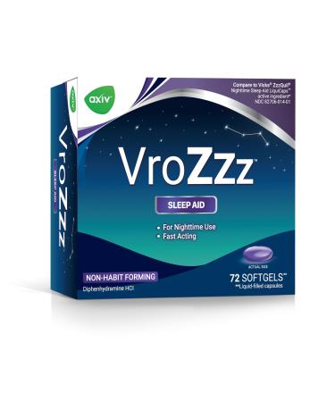 AXIV VrozZZ Nighttime Sleep Aid Softgels Diphenhydramine HCl 25mg Non-Habit Forming Liquid-Filled Capsules 72 Count