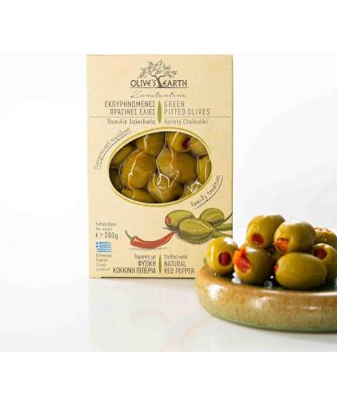 Olive's Earth Green Greek Olives Pitted and Stuffed with Red Pepper Chalkidiki Variety Pack of 4 x 200g (Total: 800g) - Buy Online on GoSupps.com