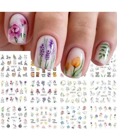Spring Nail Art Sticker Flower Water Transfer Nail Stickers Decals Butterfly Nail Decal Nail Decoration for Acrylic Nail Watercolor Butterfly Dragonfly Floral Nail Design for Women Nail Supplies Lily