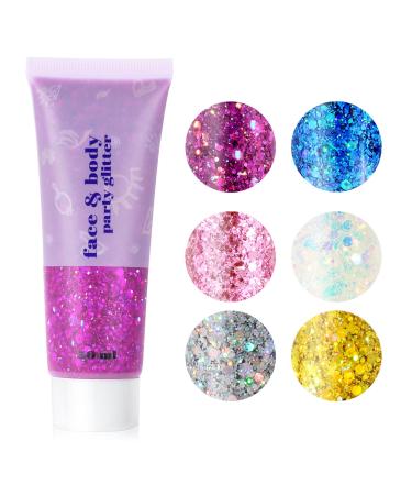 URAQT Body Glitter Gel 50ml Holographic Mermaid Sequins Glitter Chunky Cosmetic Glitter Face and Body Gel Sparkling Festival Party Lotion Glitter for Face Body Eye Hair Nail DIY Art (Purple)