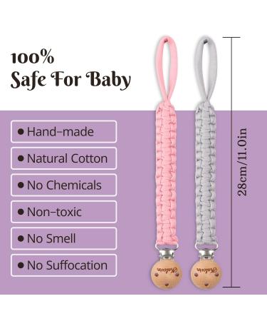 Handmade Braided Cotton Pacifier Clips for Boys & Girls - 11 Inch Holder with Wooden Clips | Fits All Pacifiers & Teething Toys | 3 Pack (PlumGrayPink) - Buy Online on GoSupps.com