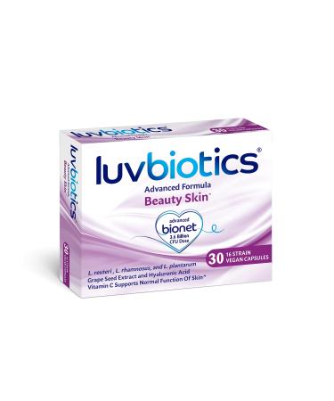 Luvbiotics Probiotic Beauty Skin Vegan Supplements - 30 Capsules- Hyaluronic Acid + Grape Seed Extract + Vitamin C