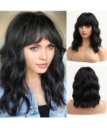 HAIRCUBE Black Wigs for Women Shoulder-Length Short Synthetic Wig with Fringe for Daily or Cosplay Black S