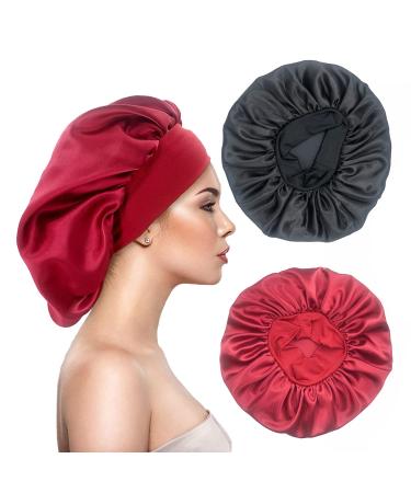 2PCS Large Satin Silk Hair Bonnet for Sleeping,Elastic Wide Band Bonnets for Black Women Braids,Silk Hair Wrap Night Sleep Caps for Women Curly and Natural Hair (Black,Wine Red)