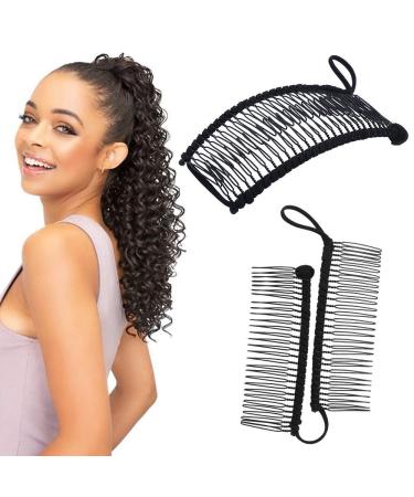 Stretchy Banana Hair Clip Vintage Clincher Comb Tool for Thick Thin Curly Hair Stretch & Adjust - Decorative Sturdy & Lightweight - No Pressure or Headaches-Cord w/Bar Closur (Medium Black 30-Teeth)