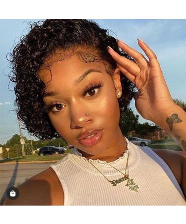 Short Curly Lace Front Wigs 13x1 Lace Frontal Wigs Human Hair Pixie Cut Curly Lace Wigs for Black Women Human Hair Curly Bob Lace Front Wig Human Hair (5 inch, 1B Frontal Lace) Natural Black