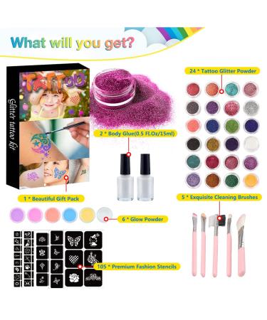 AIDUCHO 30 Colors Temporary Glitter Tattoo Kit - Waterproof Body Glitter Tattoos for Kids - Festival Party Gift Set with 105 Stencils, Brushes, and Glue - Buy Online on GoSupps.com