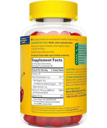 Nature Made Zero Sugar Vitamin D3 Gummies 2000 IU (50 mcg) Per Serving Bone & Immune Support Aspartame Free 110 Vitamin D Gummies 55 Day Supply 110 Count (Pack of 1) - Buy Online on GoSupps.com
