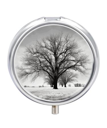 Round Pill Box Black and White Tree Print 3 Compartment Medicine Pill Case Print Pill Organizer Decorative Metal Portable Pill Box Pocket Pill Box Style