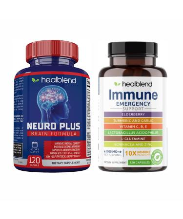 healblend Neuro Plus & Immune Support Bundle Brain Boost Nootropic for Focus Energy Memory & Clarity Elderberry Zinc Vitamin C Turmeric Probiotics 2 Pack 120 Capsules Each