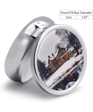 Round Pill Box - Winter Farmhouse Print | 3 Compartment Decorative Metal Pill Organizer | Portable Pocket Medicine Case - Style-27 - Buy Online on GoSupps.com