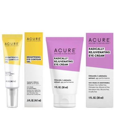 Acure Organics Brilliantly Brightening Eye Contour Gel and Eye Cream Bundle For Puffiness Dark Circles Lines Wrinkles and Aging With Aloe Vera Hibiscus and Witch Hazel 1 and 0.5 Ounce