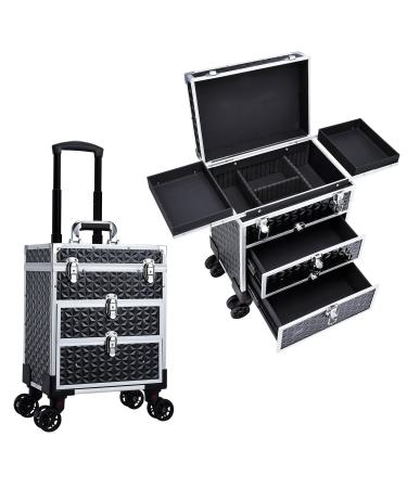 FRENESSA Professional Rolling Makeup Case Aluminum Trolley Train Case with 360 Swivel Wheels for Makuep Artist Travel Cosmetic Organizer with Sliding Drawers for Nail Tech Hairstylist Barber Black