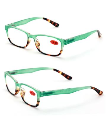 2 Pairs of Stylish Classic Rectangle Reader With Spring Hinges Women Half Translucent Tortoise Reading Glasses Green 2.5 x