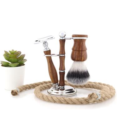 JAG Shaving Razor Set | Sustainable 3-Part Wooden Razor & Synthetic Hair Brush | Double Edge Blades for Men & Women | Eco-Friendly Shaving Stand - Buy Online on GoSupps.com