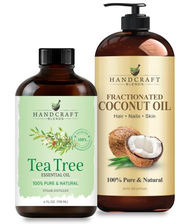 Handcraft Blends Purifying Body Set: Fractionated Coconut Oil (16 Fl Oz) and Tea Tree Essential Oil (4 Fl Oz) 100% Pure & Natural for Clean Skin Feet and Scalp