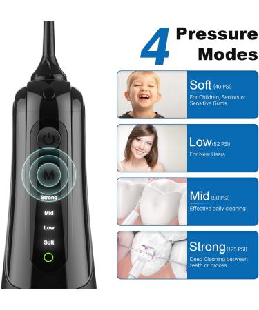 MiTdir Water Dental Flosser Oral Irrigator - 5 Jet Tips, 4 Modes, IPX7 Waterproof, 300ML Tank - Portable Cordless Teeth Cleaner for Home & Travel (Black) - Buy Online on GoSupps.com