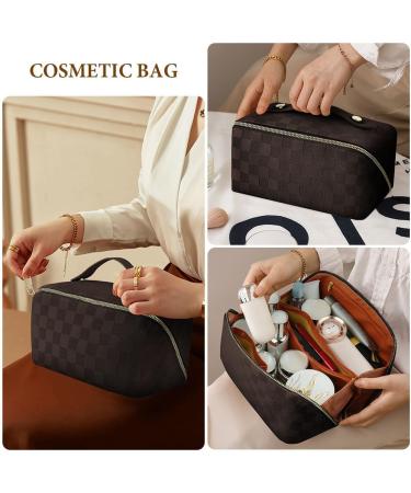 Aucuu Large Capacity Travel Cosmetic Bag | PU Leather | Waterproof | Portable Makeup Organizer - Checkered Dark Brown - Buy Online on GoSupps.com